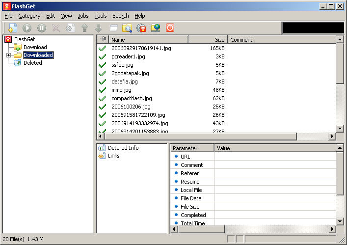FlashGet is specifically designed to address two of the biggest problems when downloading files: Speed and management of downloaded files. FlashGet supports HTTP, HTTPS, FTP, BT, MMS, MMST, RTSP, ed2k protocol.